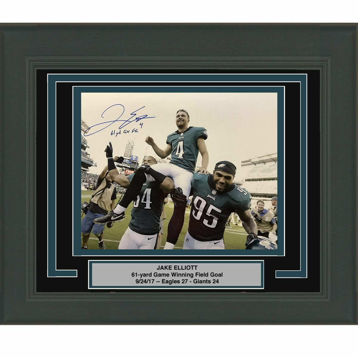 FRAMED Autographed/Signed JAKE ELLIOTT Inscribed 61 Yd GW FG 16x20 Photo Poster painting JSA COA