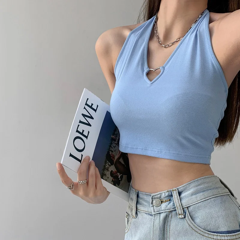 Churchf Churchf New Hot Girl Metal Love Hollow Out Hanging Neck Type Sling Design Sense Wearing Sleeveless Jacket Crop Short Vest