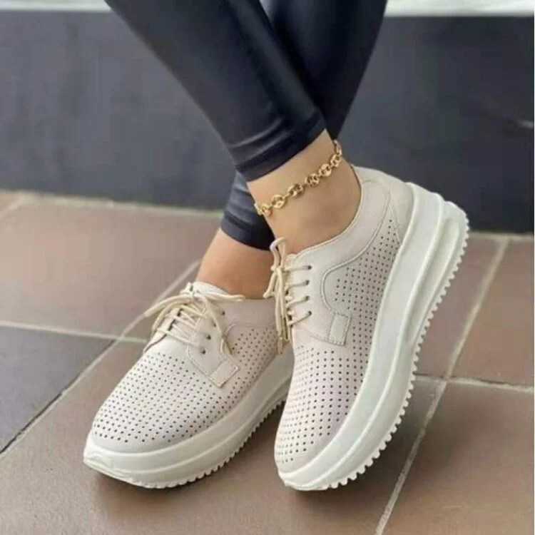 Qengg Women's Shoes Fashion Casual Solid Color Hollow Breathable Round Toe Strap Flat-heeled Platform Comfortable Sneakers Mujer