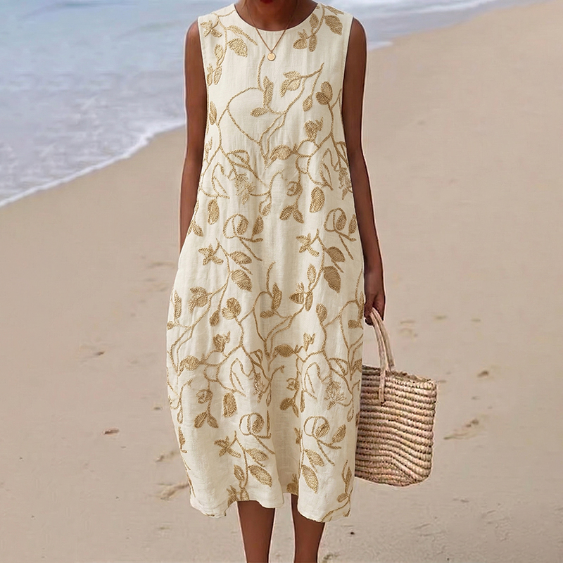 Women's Vintage Floral Pattern Round Neck Sleeveless Midi Dress elevenforest