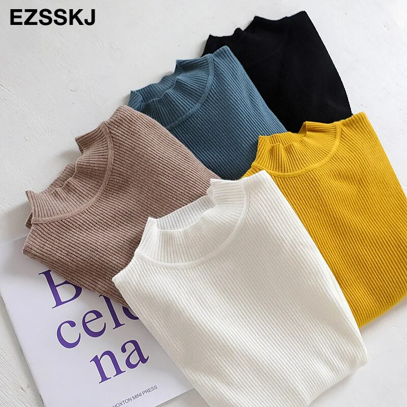 2021 Knitted Women high neck Sweater Pullovers Turtleneck Autumn Winter Basic Women Sweaters Slim Fit Black