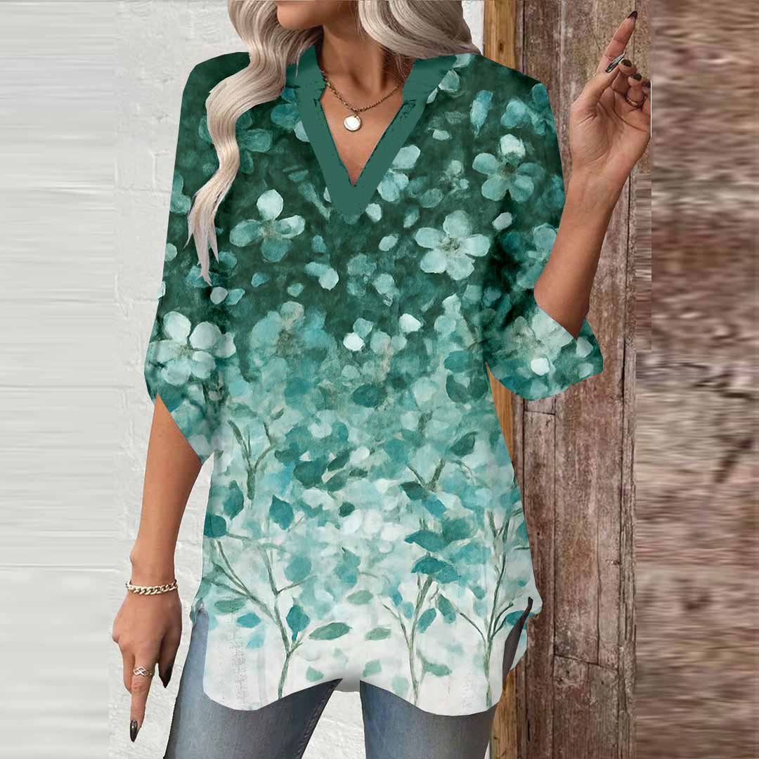 Women Floral,Green DZGA0025 3/4 Sleeve V-neck Printed Graphic Button Tops