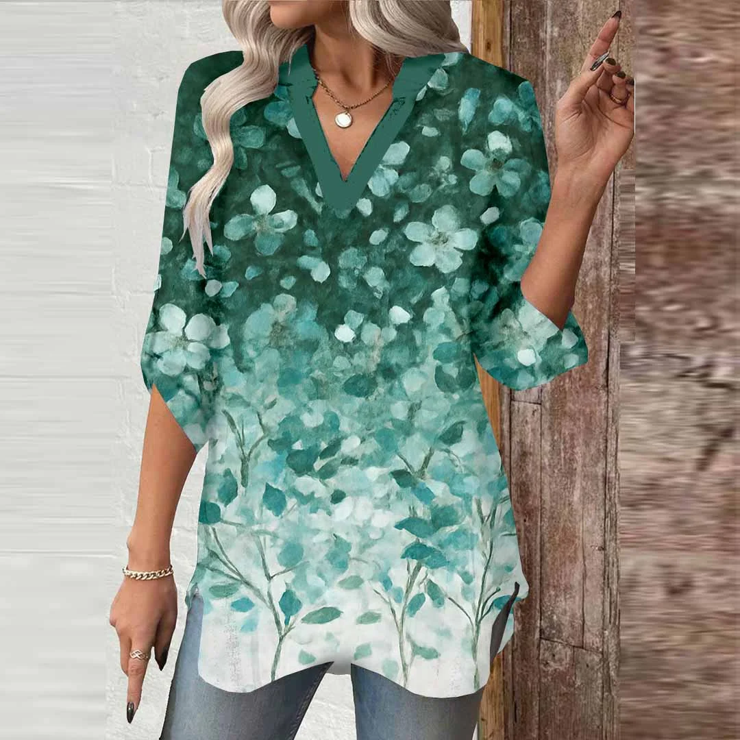 Women Floral,Green DZGA0025 3/4 Sleeve V-neck Printed Graphic Button Tops
