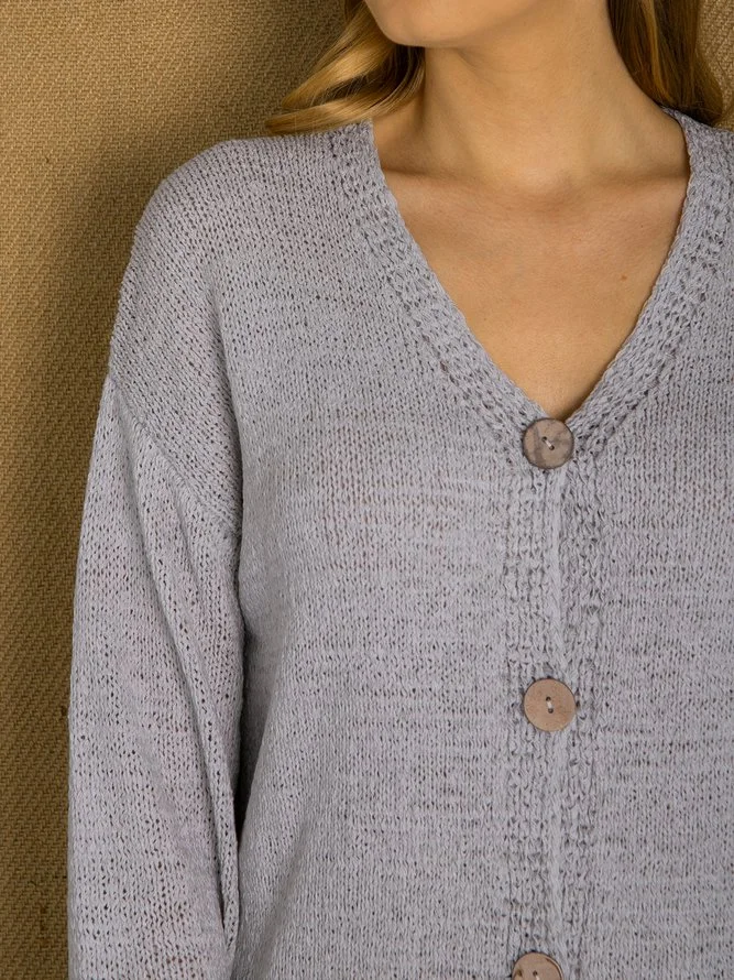 Light Grey Long Sleeve Shift V Neck Plain Cardigans