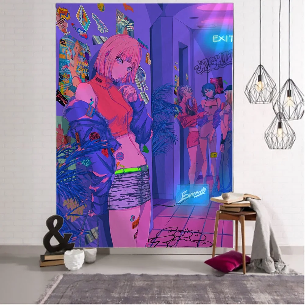 Kawaii Anime Girl Tapestry Wall Hanging Pink Cute Boho Style Psychedelic Hippie Background Home Decor