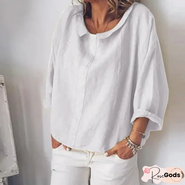 Women Long Sleeve Cotton Linen Casual Lapel Neck Tops Solid Blouse Tops Linen