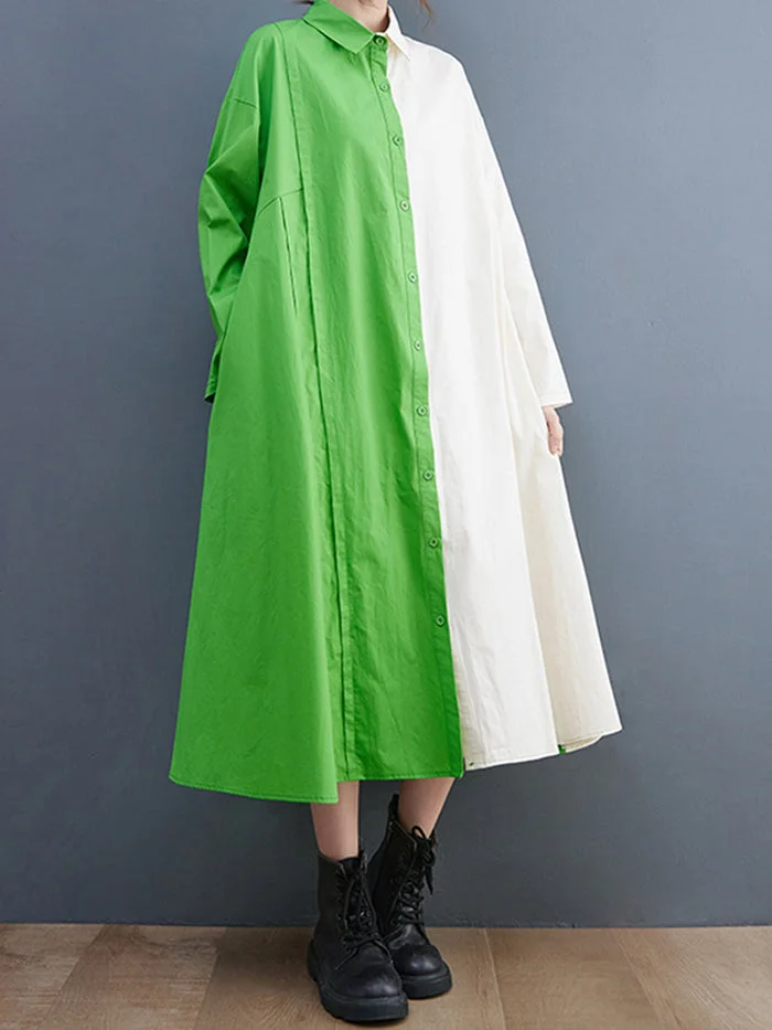 Fashion Two Tone Patchwork Shirt Cotton Linen Dress