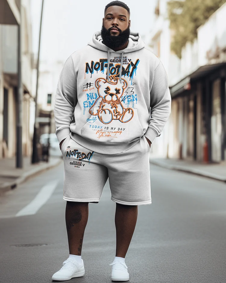 Men's Plus Size Hip Hop Nottoyay Bear Hoodie Shorts Two Piece Set