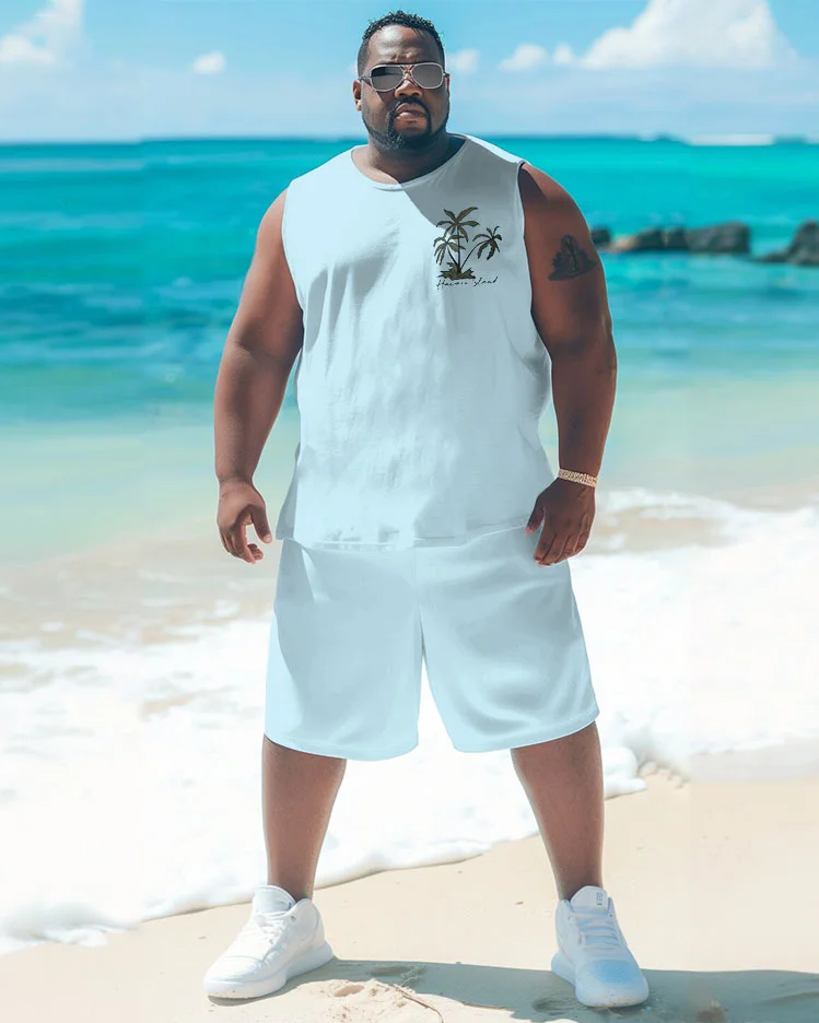 Men's Large Summer Simple Monochrome Coconut Tree Print Vest Shorts Suit