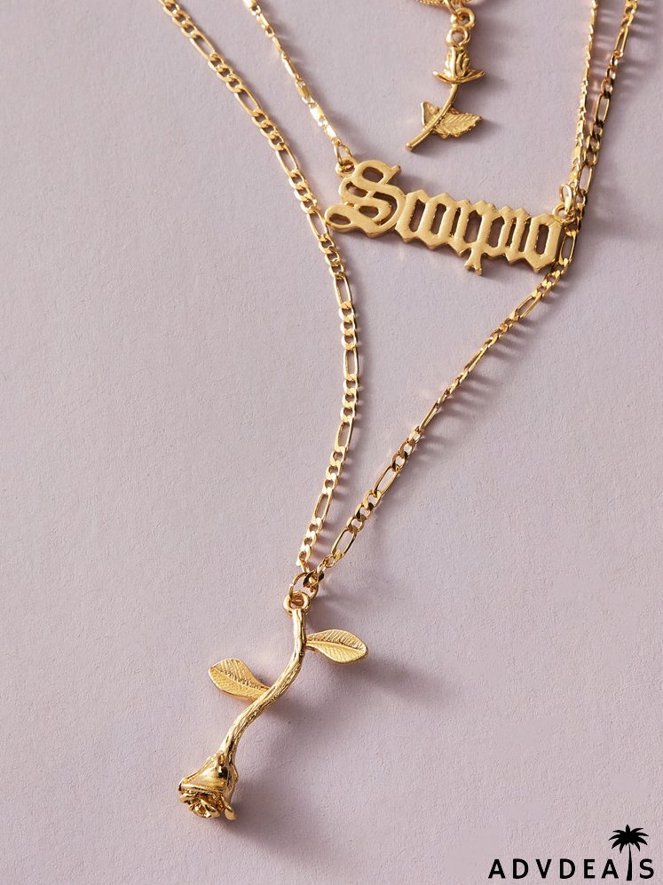 3pcs Rose & Letter Charm Necklace
