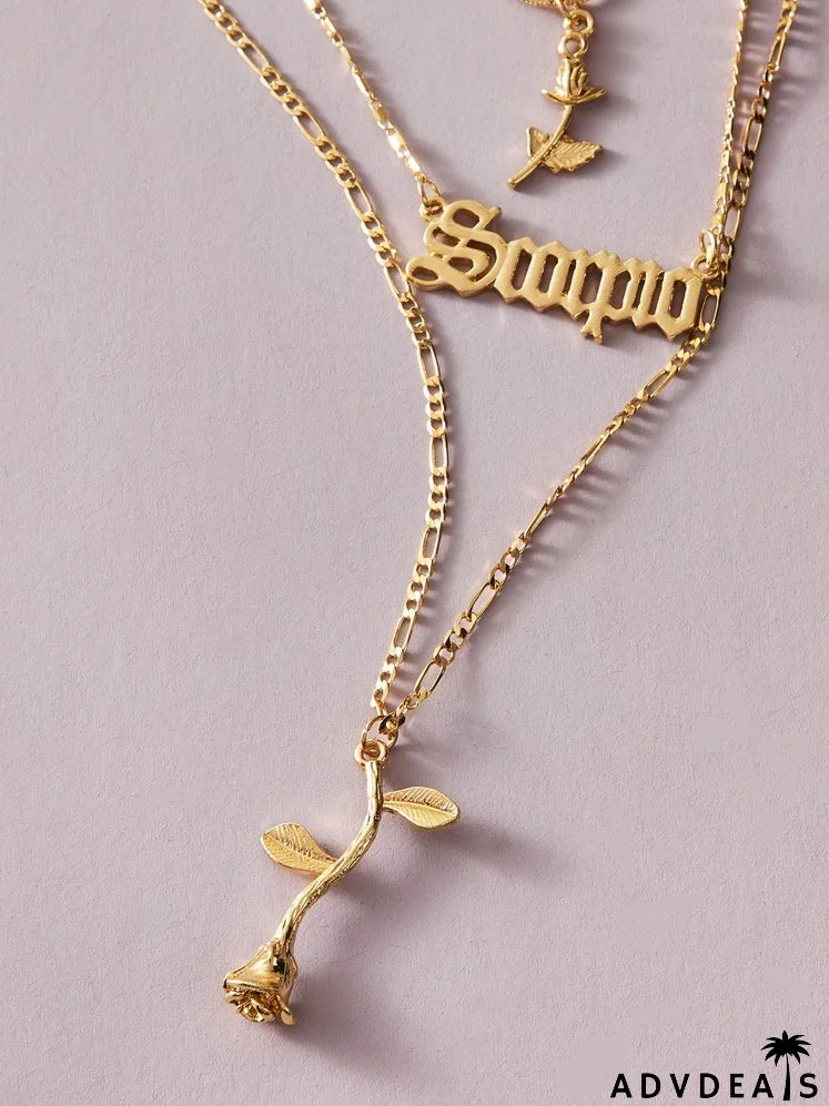 3pcs Rose & Letter Charm Necklace