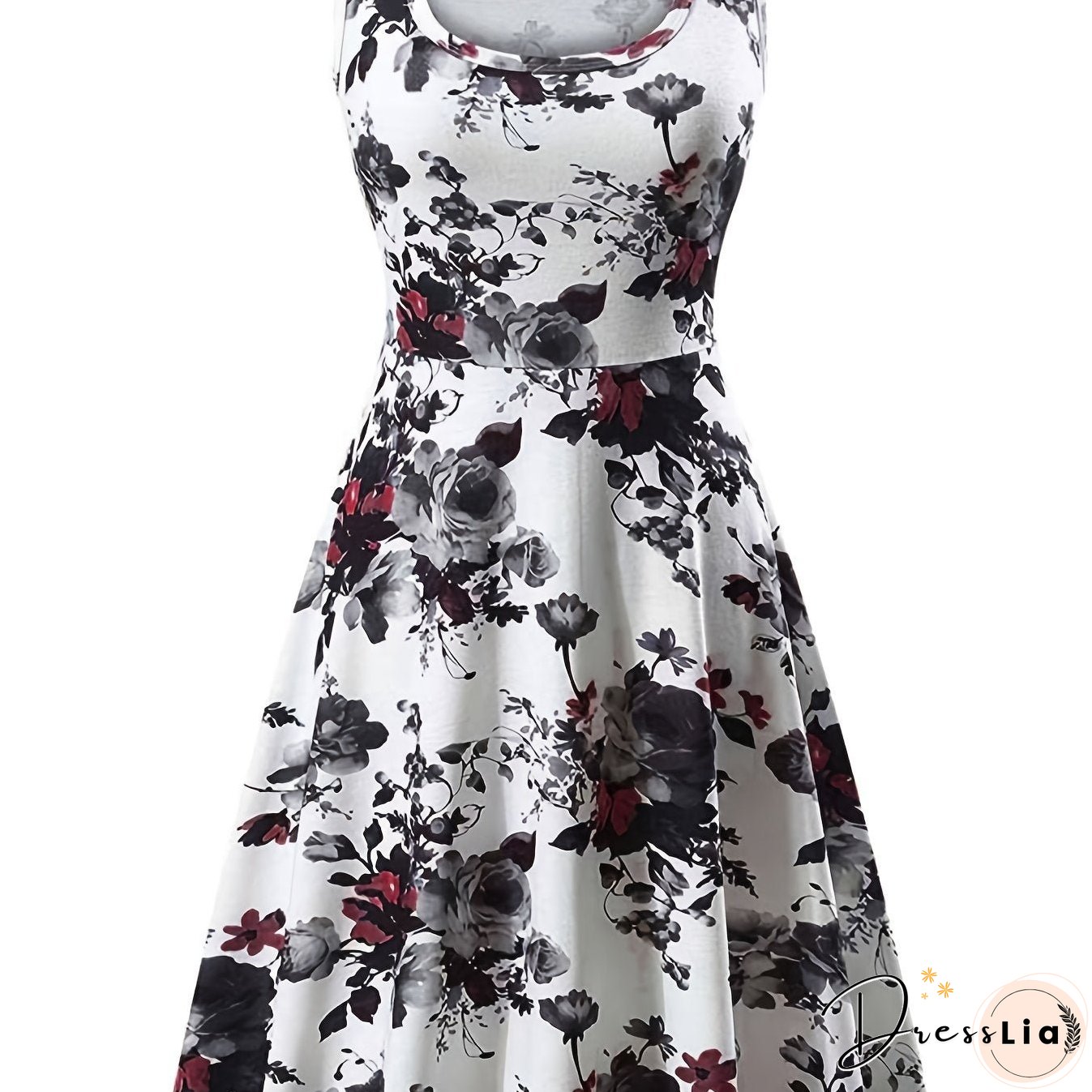 Plus Size Elegant Dress, Women's Plus Floral Print Round Neck Medium Stretch Tank Dress