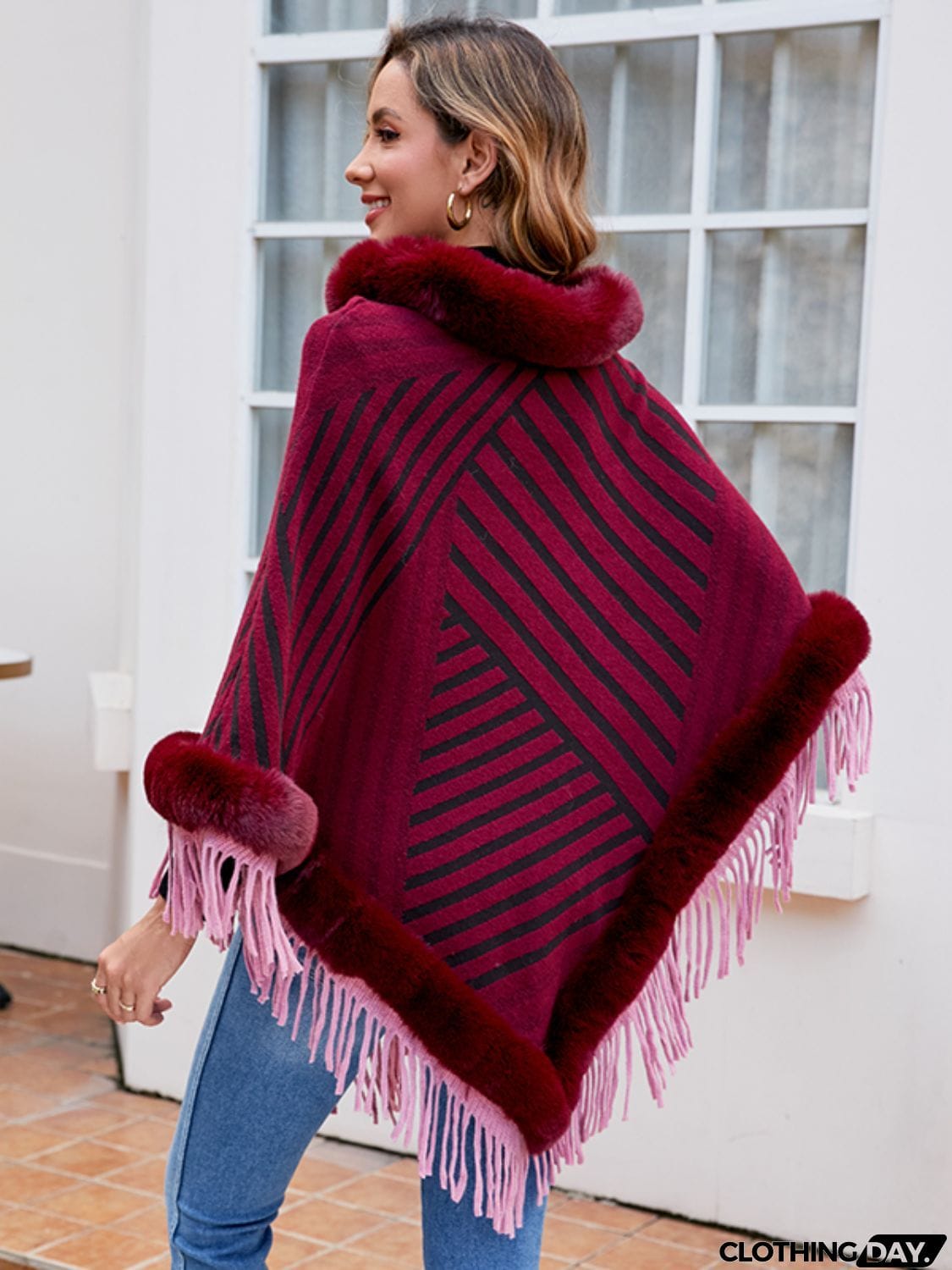 Striped Fringe Hem Poncho