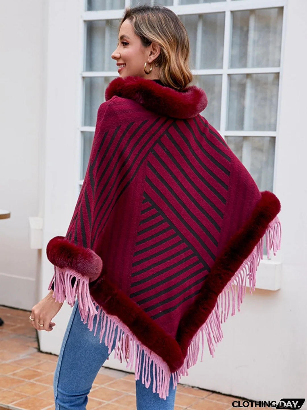Striped Fringe Hem Poncho
