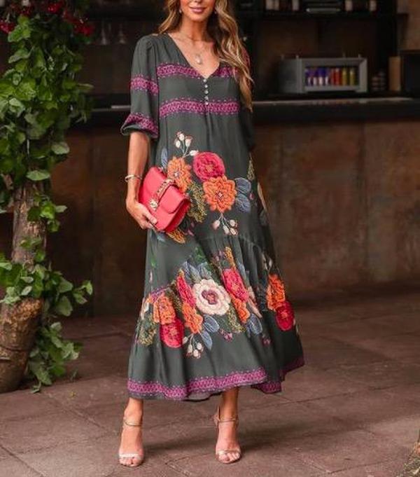 Temperament V-Neck Print Maxi Dress-vocosishoes