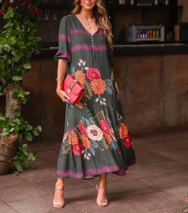 Temperament V-Neck Print Maxi Dress-vocosishoes