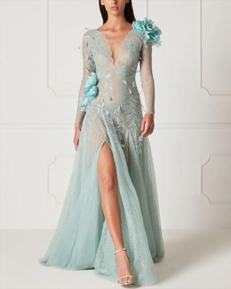 Women's V-neck slit lace Dress