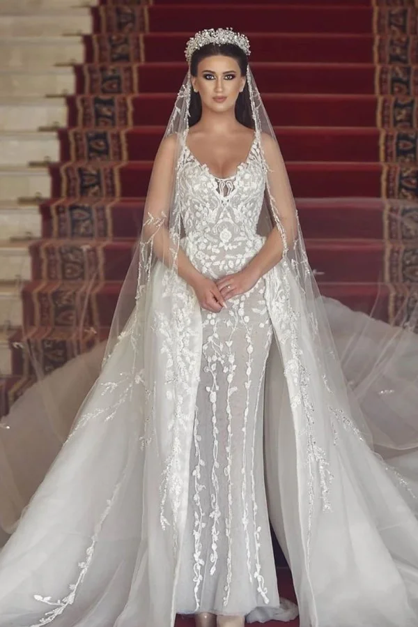 Daisda V-neck Tulle Lace Long Mermaid Wedding Dress With Detachable Train