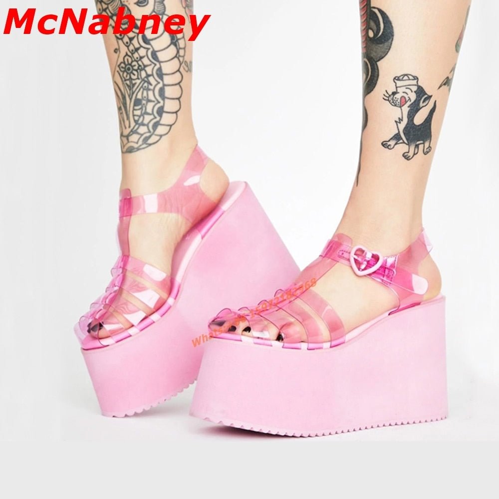 High Platform Sandals Women's Wedge Heels New Summer Open Toe High-Heeled Shoes Buckle Roman PVC Sandals Sexy Solid Candy Colors