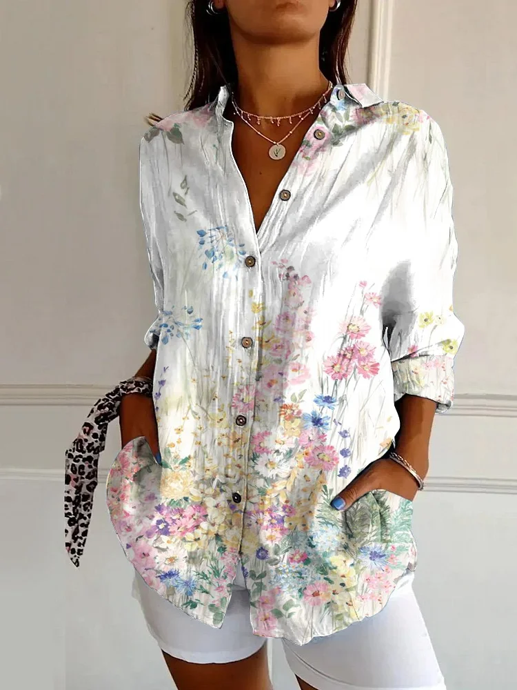 Vintage Floral Print Casual Long Sleeve Shirt