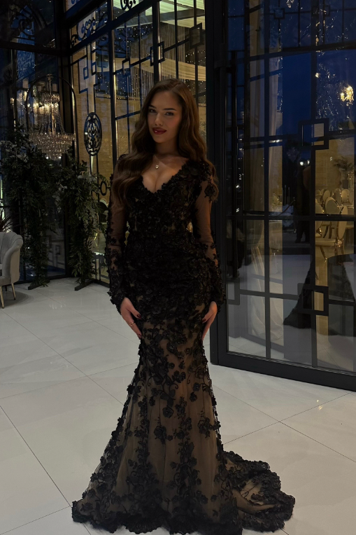 Miabel Amazing Black Long Sleeves V Neck Mermaid Prom Dress with Applique