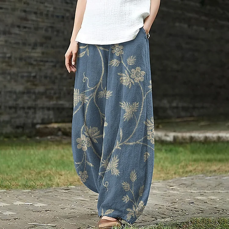 Women'S Retro Floral Art Print Casual Cotton Linen Casual Pants
