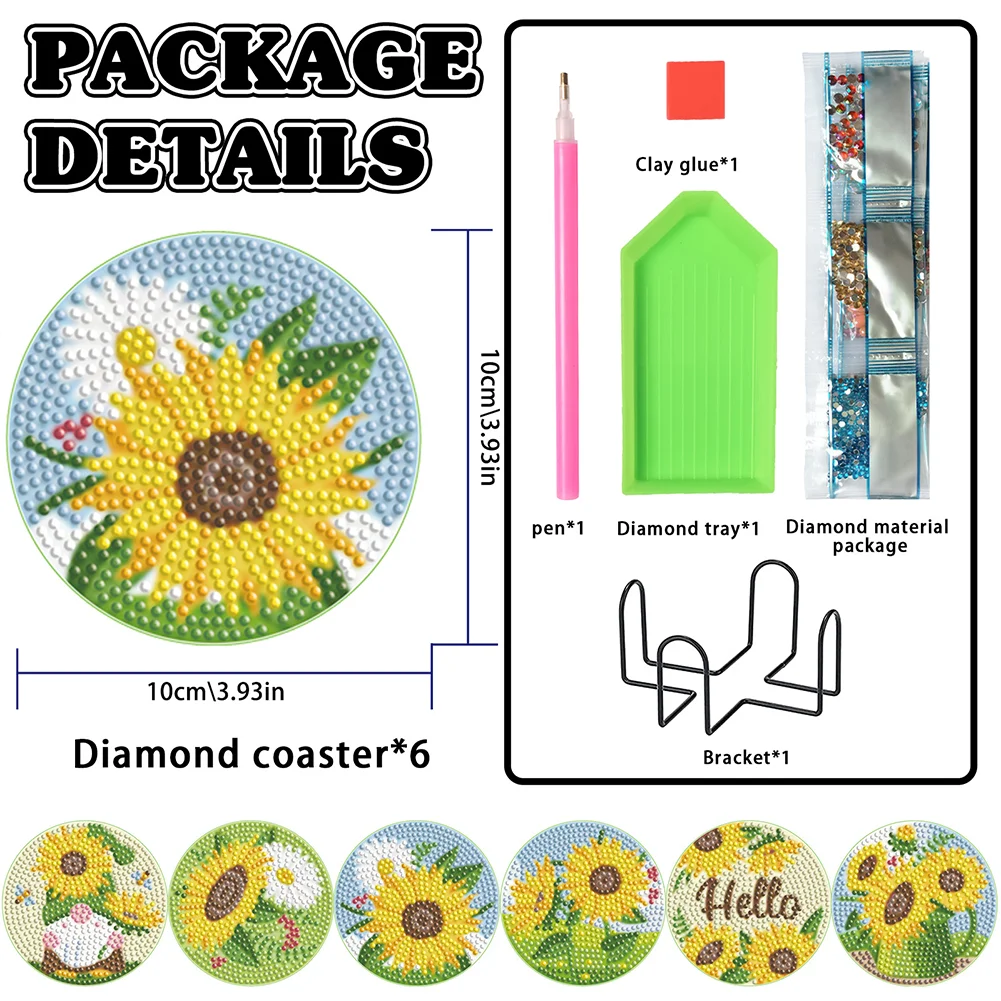 6pcs DIY Sunflower Gnome Diamond Crafts Coasters with Holder Wooden DIY Coaster