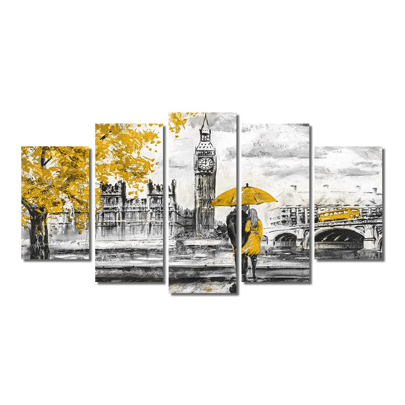Modern Abstrac Yellow Umbrella Big Ben Walking Couple Poster And Print On Canvas Wall Art Painting Pictures 5pcs Set Home Decor