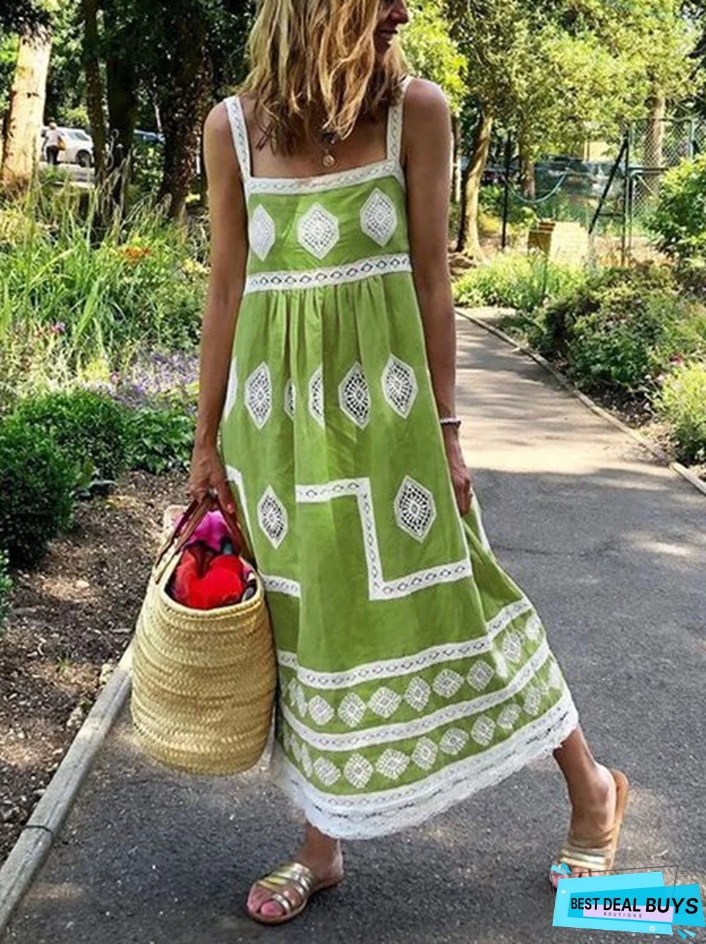 Women Boho Holiday Graphic Linen Maxi Dress