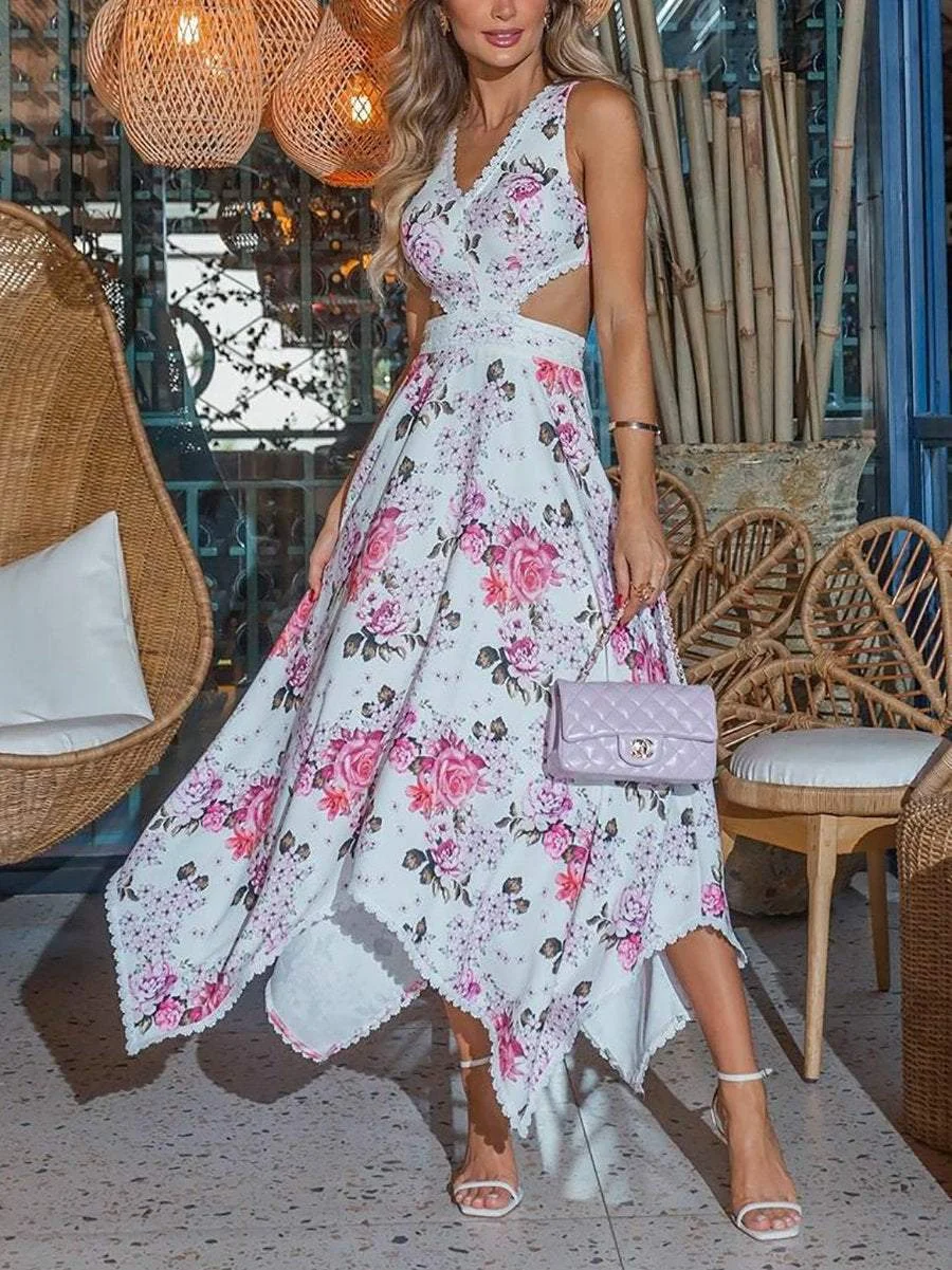 V-Neck Sleeveless Floral Print Irregular Dress