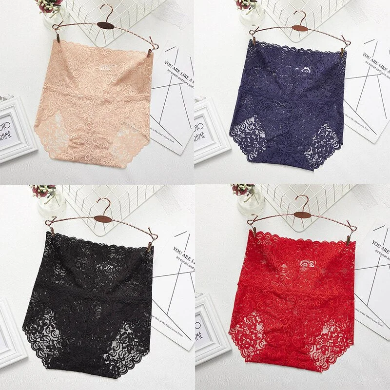 M-XXXL Women High Waist Lace Panties Sexy Underwear Women  Floral Transparent Lingerie Female Briefs Underpants Plus Size Pantys