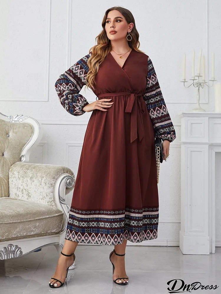 Plus Size Surplice Neck Tie Belt Balloon Sleeve Dress