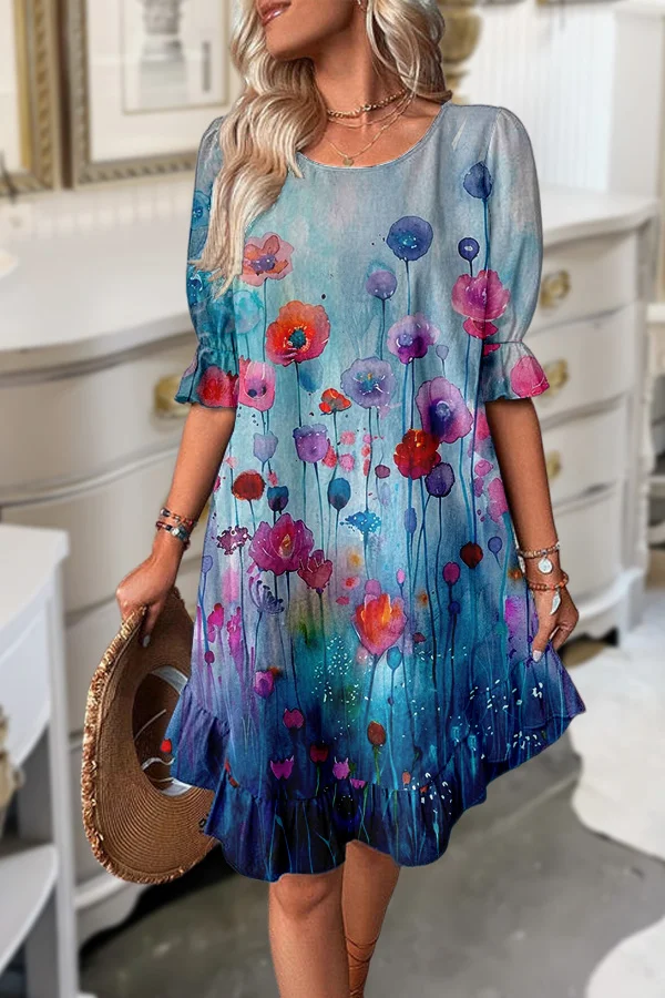 Art Floral Print Ruffle Hem Mini Dress