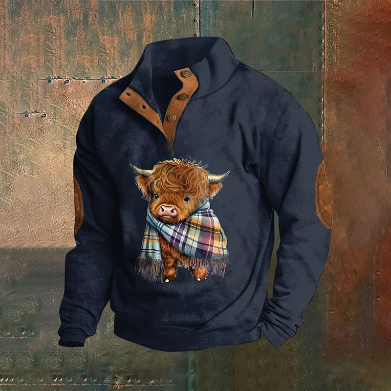 Men's Highland Cow Print Button Casual Sweatshirt