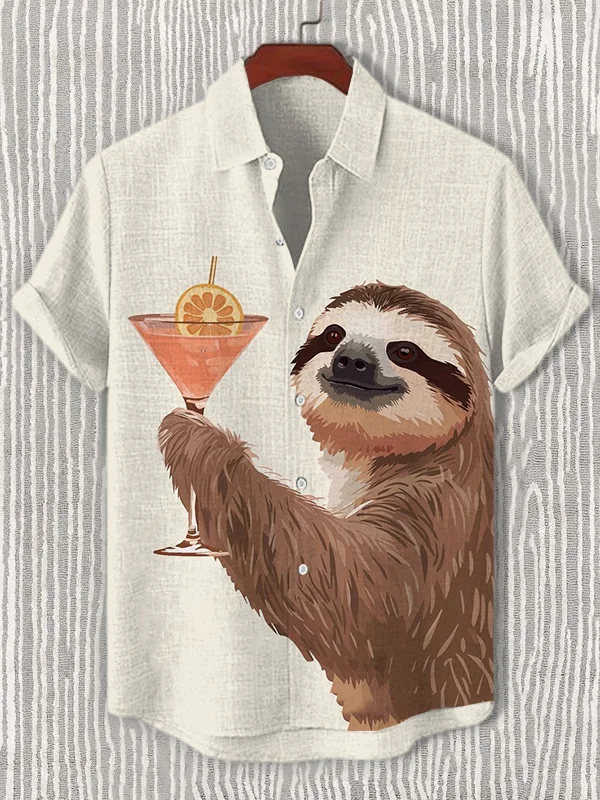Men's Sloth Cheers Cocktail Art Print Casual Short Sleeve Shirt