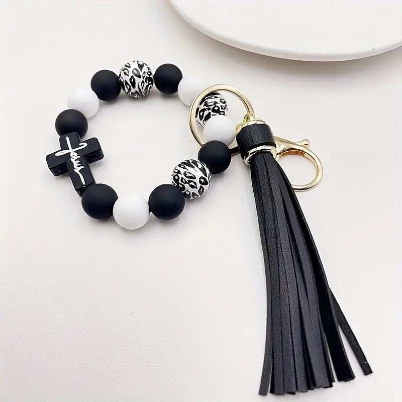 Casual Classic Style Cross Tassel Alloy Wooden Beads Silica Gel Beaded Keychain