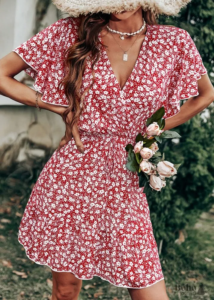 Red Boho Floral Mini Dress Esme