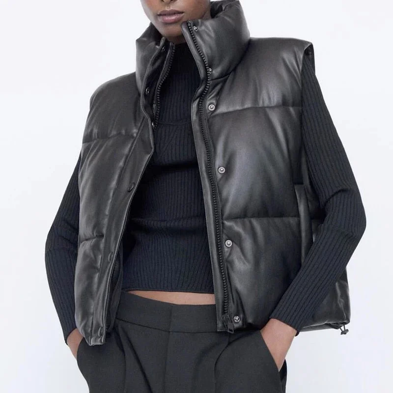 2021 Faux Leather Vest Coat Women Black Jacket Motorcycle Zipper Sleeveless Cropped Jacket ZA Female Short Outwear