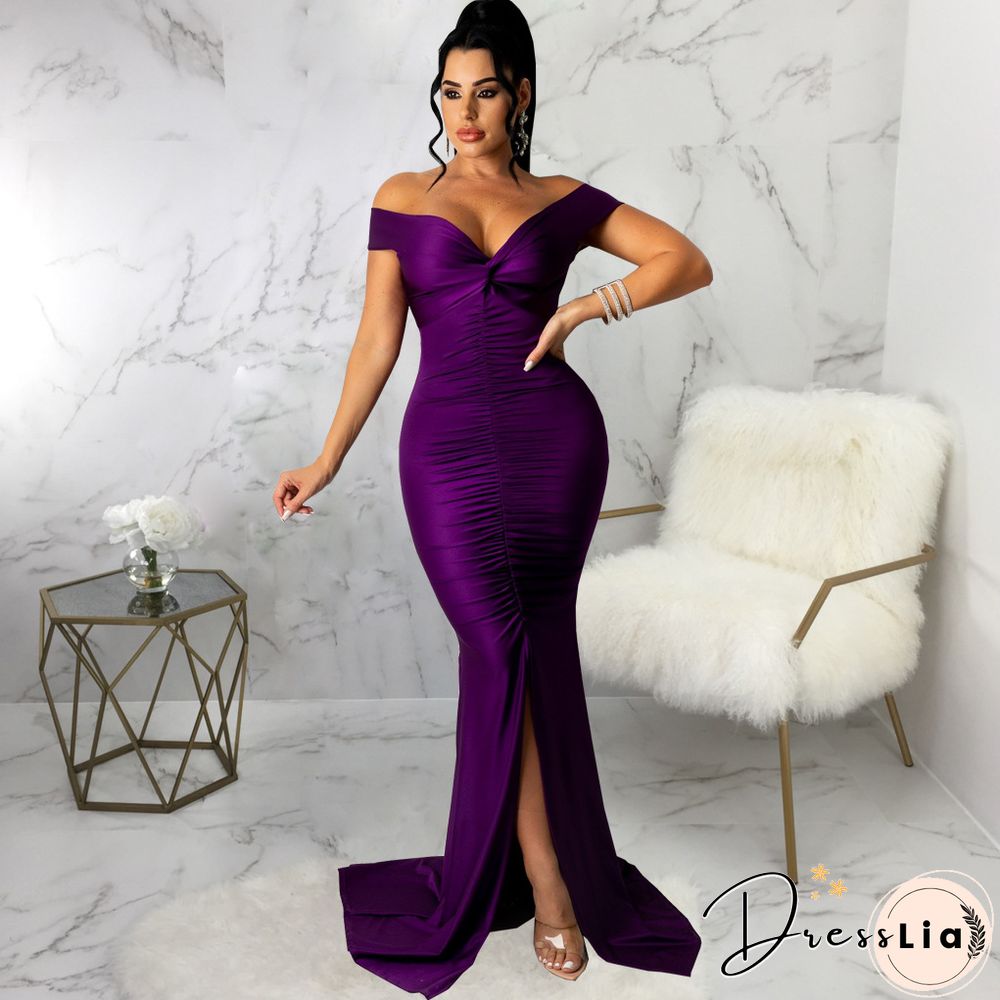 Low Cut Slash Neck Ruched Split Maxi Cocktail Dresses