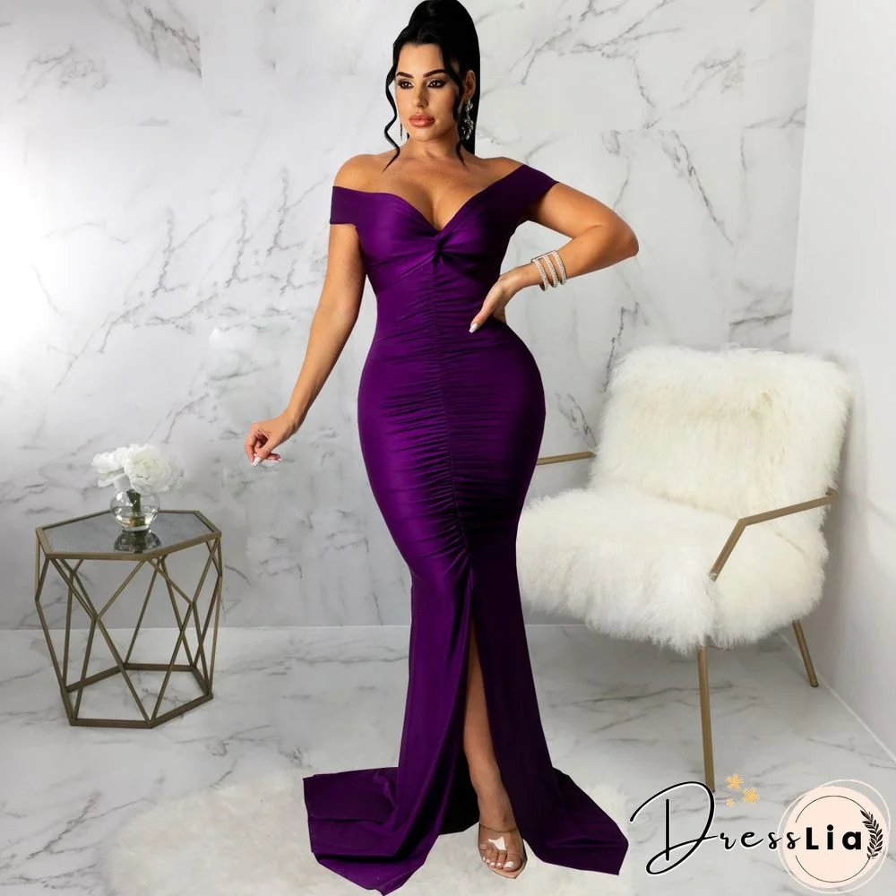 Low Cut Slash Neck Ruched Split Maxi Cocktail Dresses