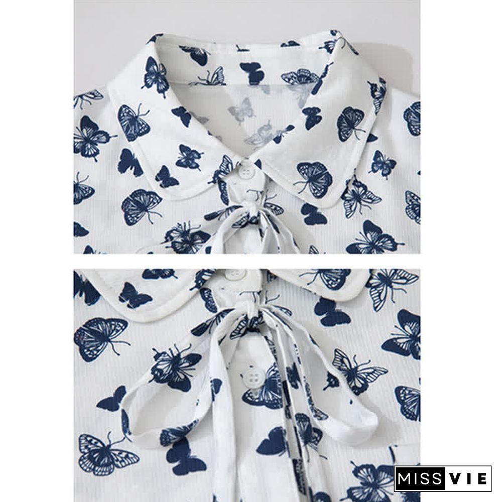 Vintage Butterfly Print Pocket Lace Up Loose Polo Shirt