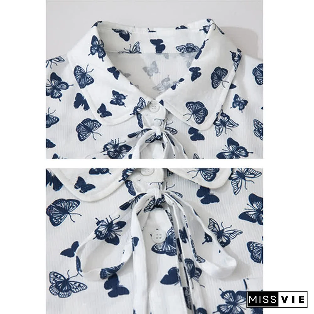 Vintage Butterfly Print Pocket Lace Up Loose Polo Shirt