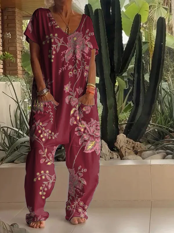 Casual Floral Print V Neck Loose Fit Jumpsuit