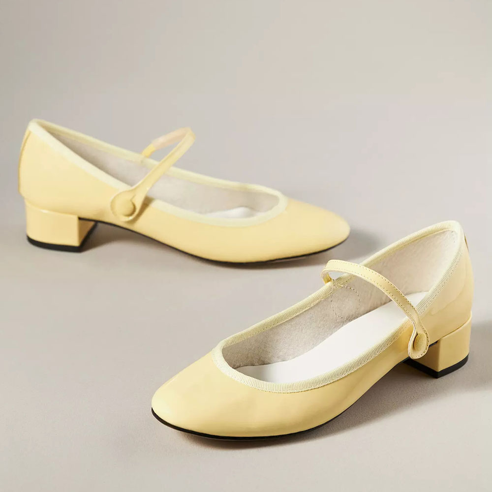 Yellow Patent Leather Round Toe Block Heel Mary Jane Pumps Nicepairs