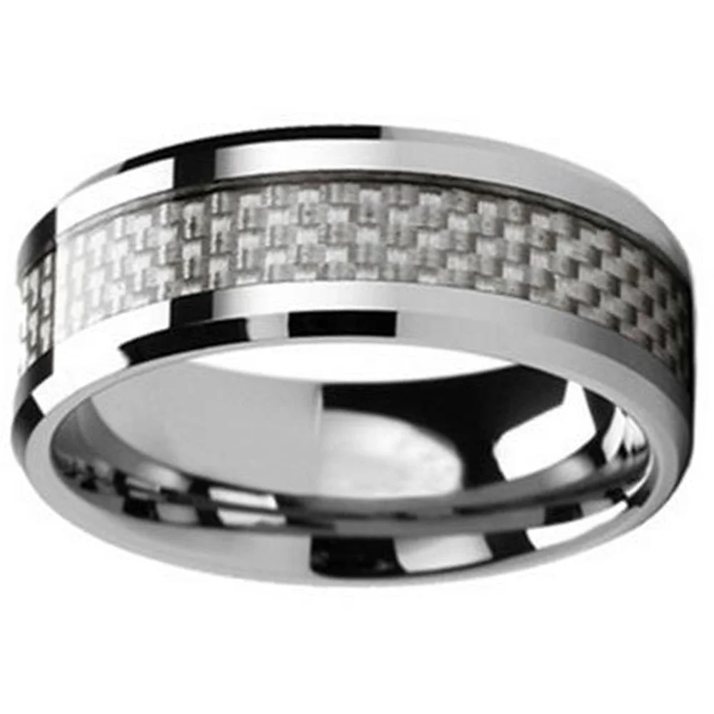 8MM Inlaid White Carbon Fiber Tungsten Ring Beveled Edge
