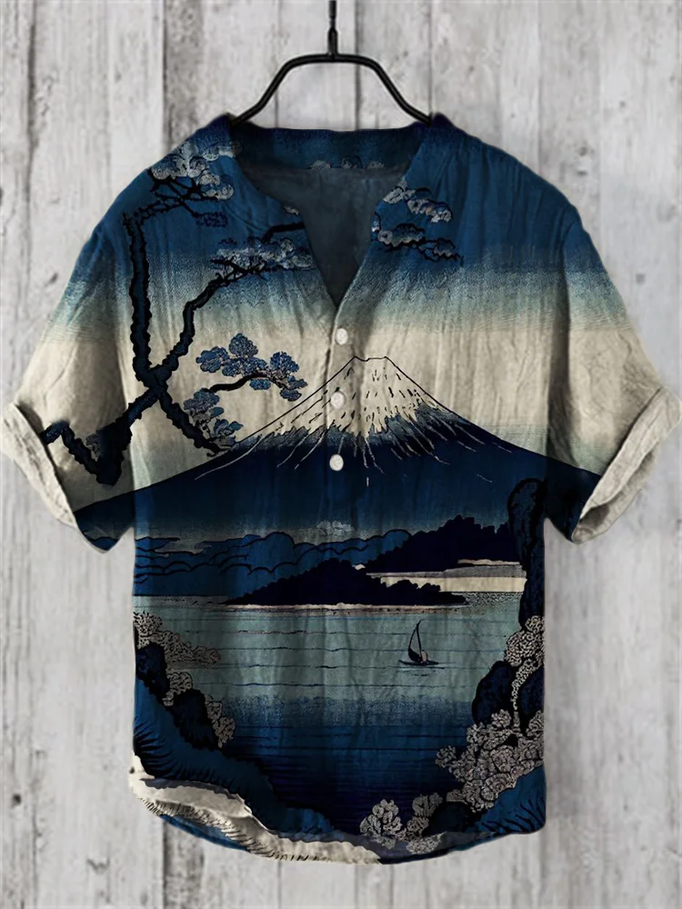 Mount Fuji Landscape Japanese Art Linen Blend Shirt