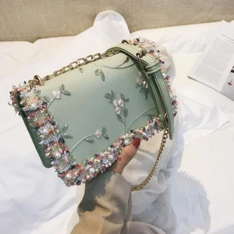 Lace Flowers Women bag 2020 New handbag High quality PU Leather Sweet Girl Square bag Flower Pearl Chain Shoulder Messenger Bag