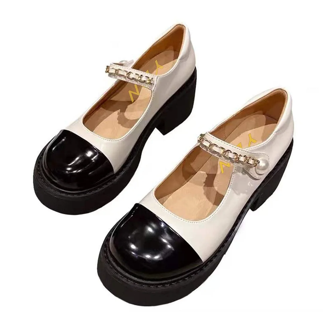 Vegan Leather Round Toe Chain Strap Mary Janes in Black & White