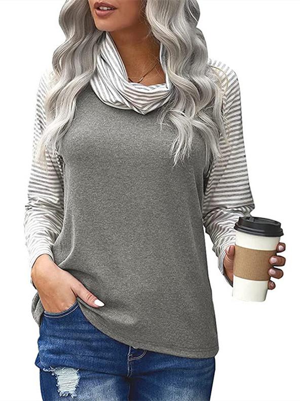 Women Long Sleeve Scoop Neck Striped Stitching Top