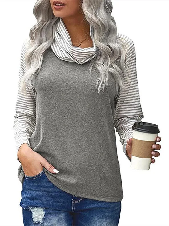 Women Long Sleeve Scoop Neck Striped Stitching Top